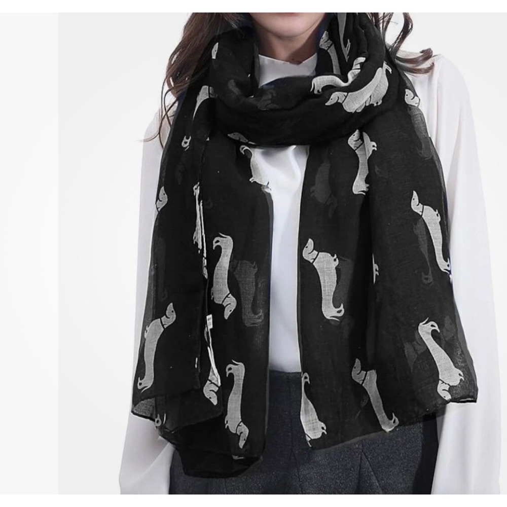 Black White Dachshund Dog Print Scarf Lightweight Oblong Animal Pattern Wrap